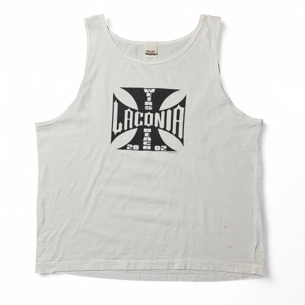 Vintage Y2K White Laconia Weirs Beach Biker Motorcycle Cross Graphic Muscle Tank